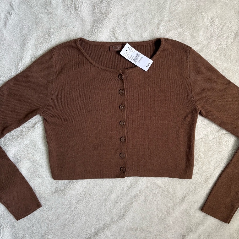 brown cropped long sleeve cardigan button up sweater